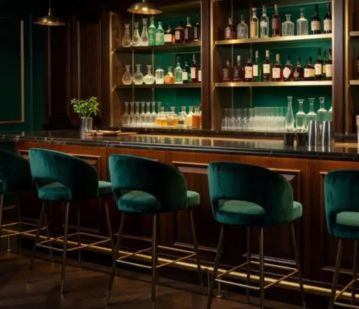 Artisanal bar with gold-trimmed shelving and emerald accents serving signature cocktails