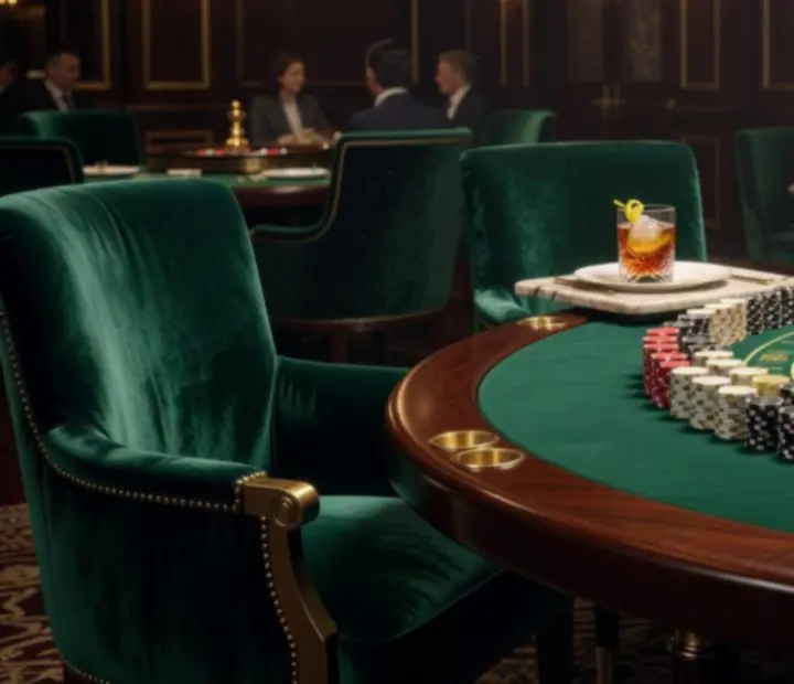 Blackjack and roulette tables with playing chips and cards in a dimly lit room