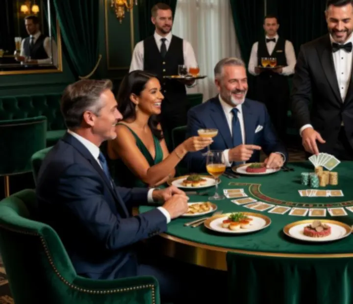 Blackjack social table with guests, cards and premium drinks