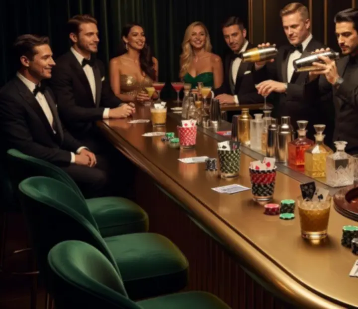 Casino-inspired cocktails on an emerald bar with cards and chips