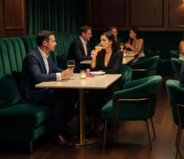 Emerald green velvet restaurant interior with gold accents and casino-inspired table setting