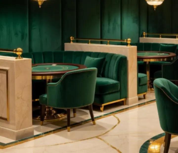 Wonderstar s. r. o. interior with emerald velvet seating, gold accents and warm pendant lighting.