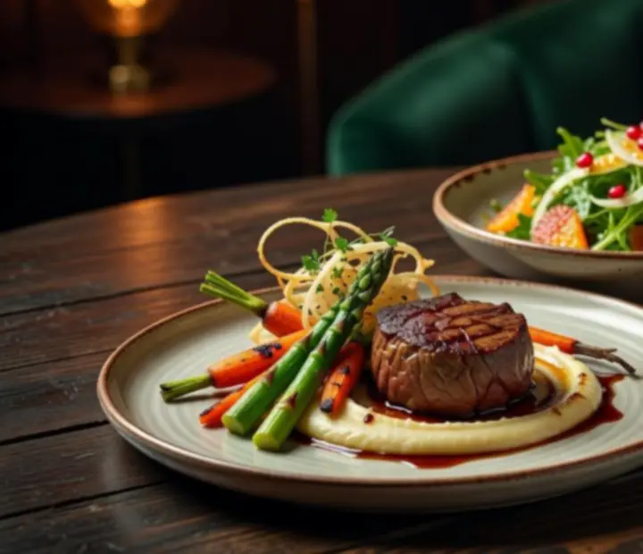 Signature cuisine and cocktails at Wonderstar s. r. o. arranged on a dark timber table.
