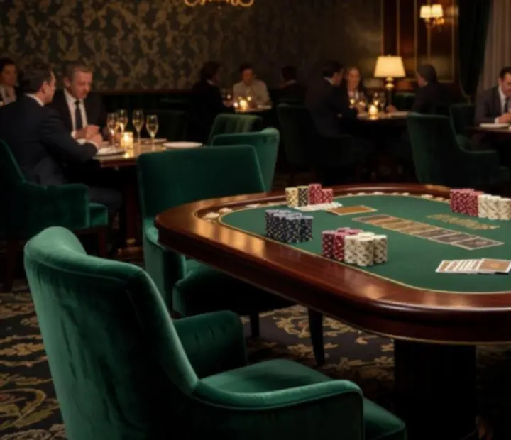 Elegant poker table with cocktails and emerald lighting