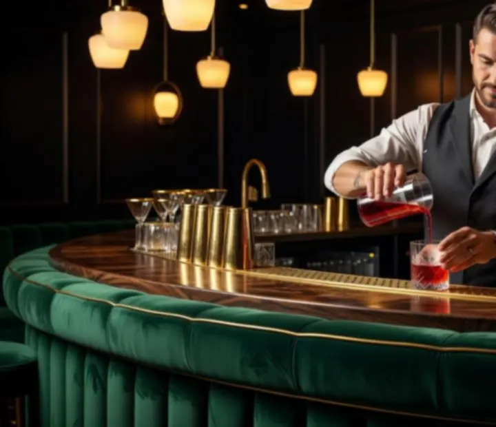 Mixologist preparing a cocktail at Wonderstar s. r. o.'s emerald green velvet bar