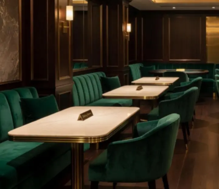 Emerald green velvet lounge with gold accents, dark timber and cream marble surfaces