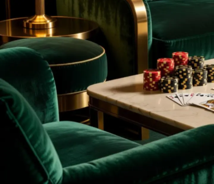 Emerald velvet lounge with gold accents, cocktails and playing cards at Wonderstar s. r. o.