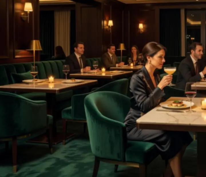 Cinematic interior of Wonderstar s. r. o. with emerald velvet seating, gold accents and elegant table settings