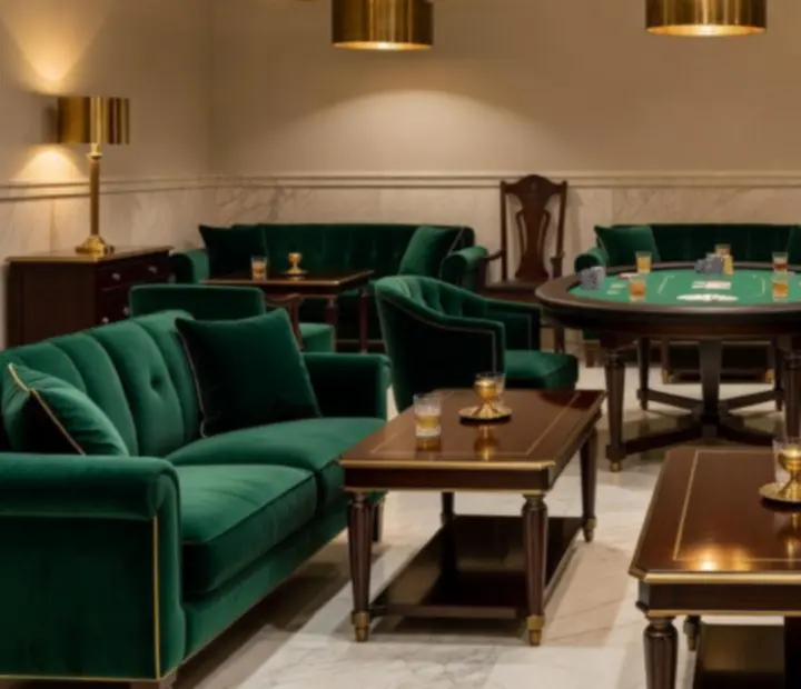 Emerald green velvet seating, gold details and warm pendant lighting inside Wonderstar s. r. o.