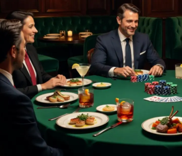 Guests seated at an elegant poker table with emerald green felt and drinks