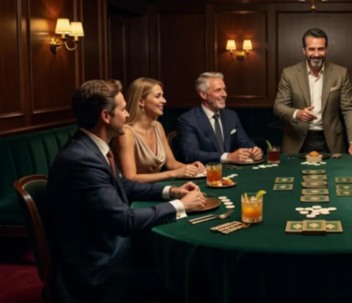 Elegant poker night surrounded by emerald velvet seating and cocktails