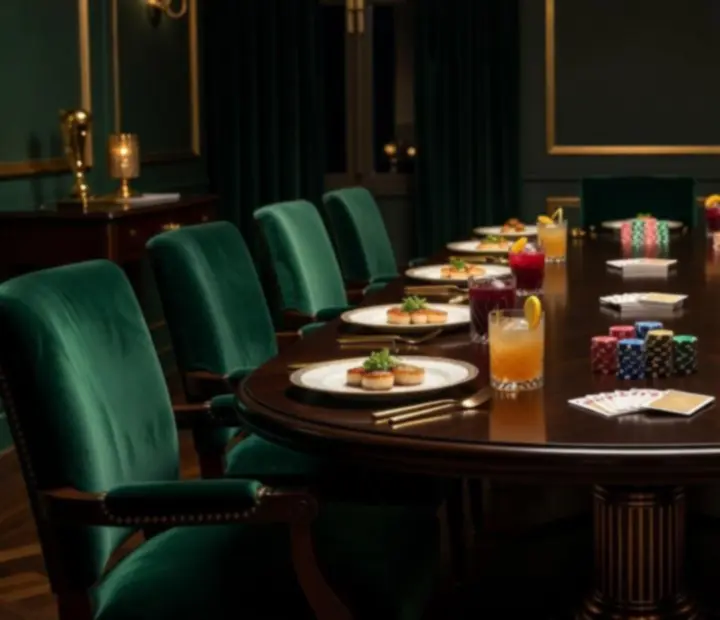 Private dining table with poker layout, emerald seating and gold details