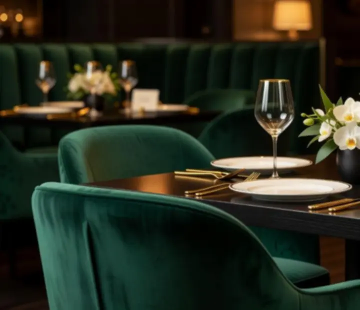 Table dressed in emerald green velvet with gold accents, set for dinner at Wonderstar s. r. o.