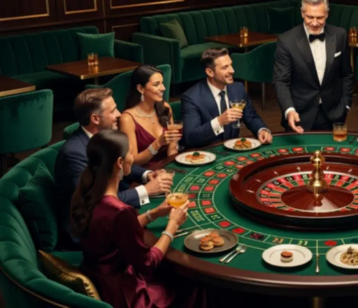 Elegant roulette table surrounded by guests with cocktails