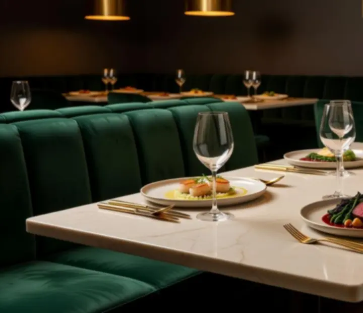 Cinematic plated dishes on an emerald green table at Wonderstar s. r. o.