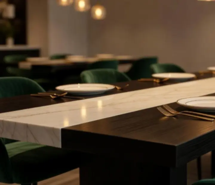 Dark timber and cream marble dining table setting at Wonderstar s. r. o.